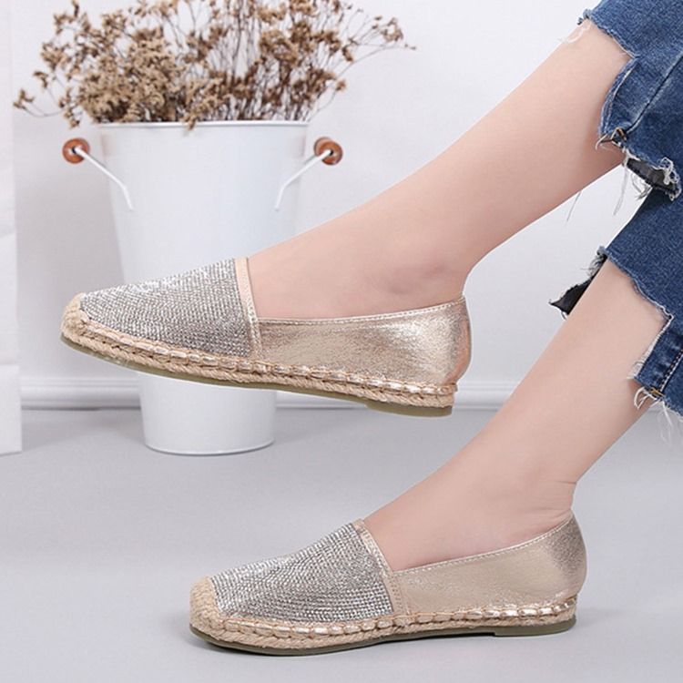 Sapatilhas Femininas De Salto Com Strass Em Bloco Redondo