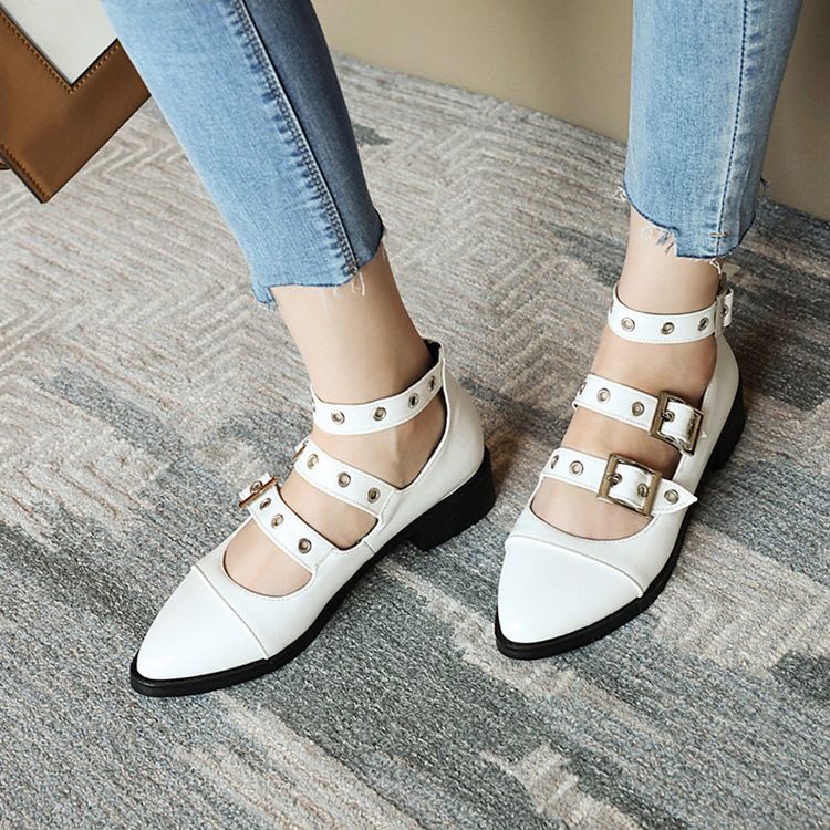 Sapatos Casuais Finos Femininos Com Salto Em Bloco Com Fivela De Ponta Fina