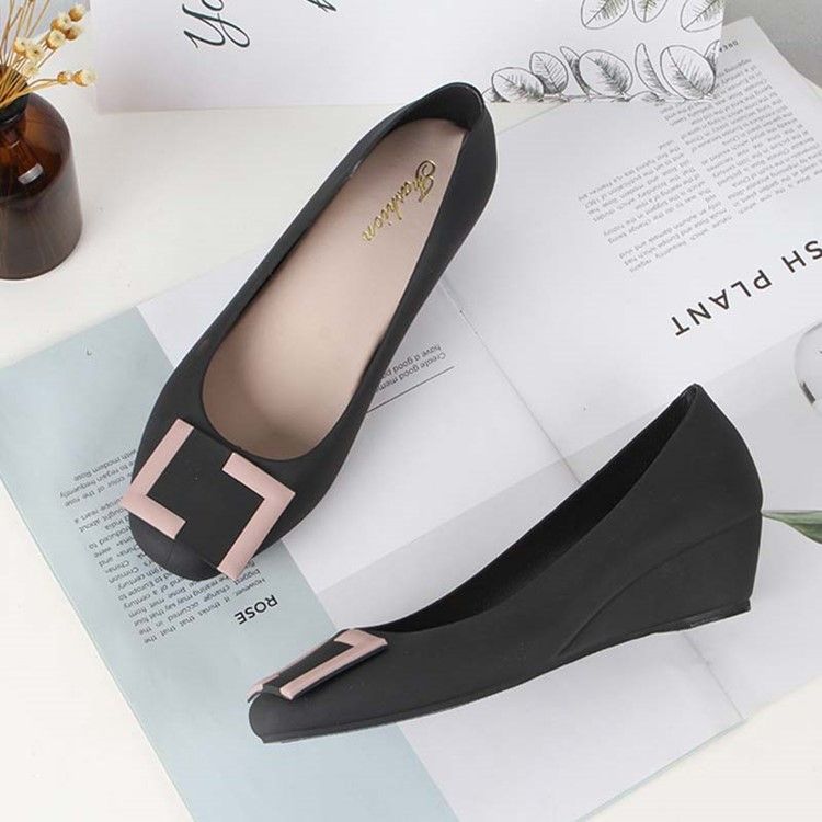 Sapatos De Gelatina Femininos Com Salto Redondo Em Cunha Em Pvc