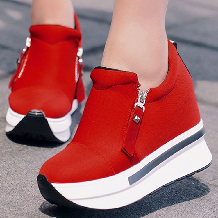 Tênis Feminino Liso Com Zíper Redondo Com Plataforma Do Dedo Do Pé Redondo