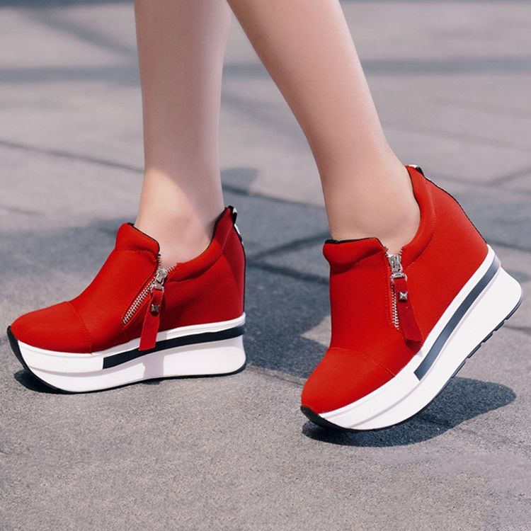 Tênis Feminino Liso Com Zíper Redondo Com Plataforma Do Dedo Do Pé Redondo