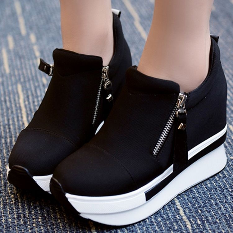 Tênis Feminino Liso Com Zíper Redondo Com Plataforma Do Dedo Do Pé Redondo