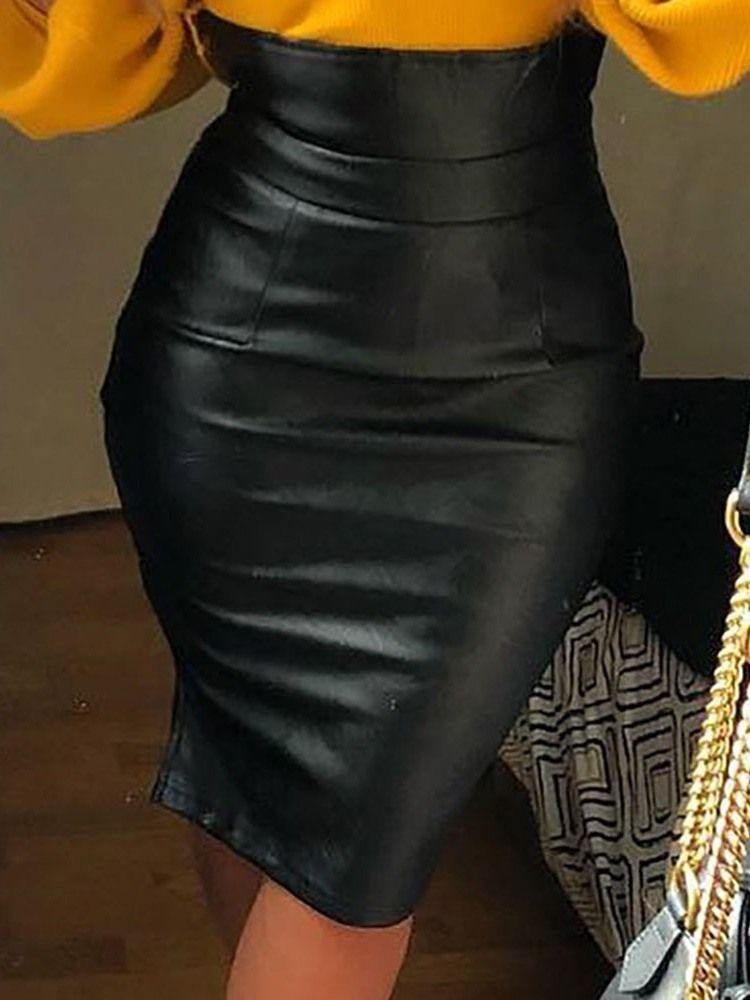 Bodycon Feminino - Comprimento Do Joelho - Saia Lisa De Cintura Alta