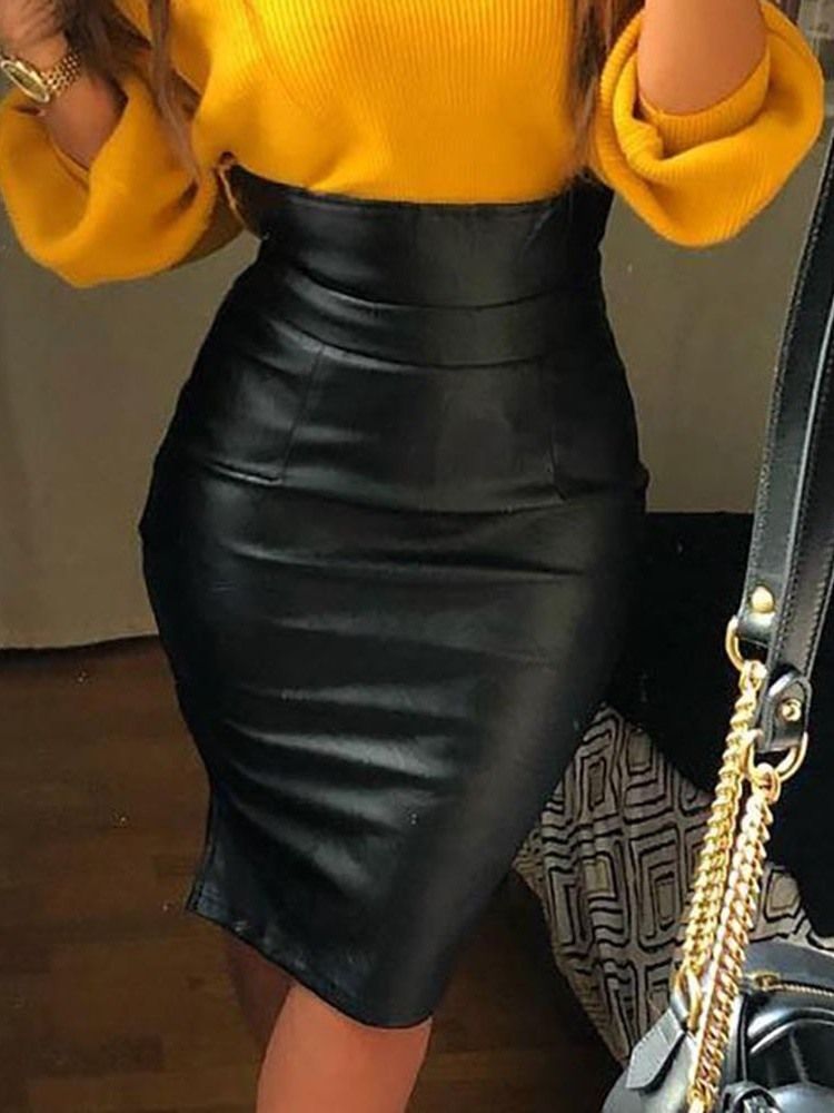 Bodycon Feminino - Comprimento Do Joelho - Saia Lisa De Cintura Alta