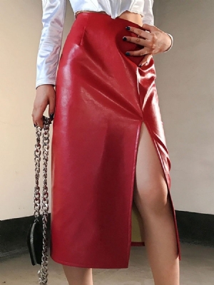 Bodycon Feminino Liso Panturrilha Média Saia De Poliuretano Casual