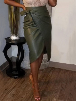 Feminino Pu Bodycon Simples Renda Elegante Saia Alta Cintura