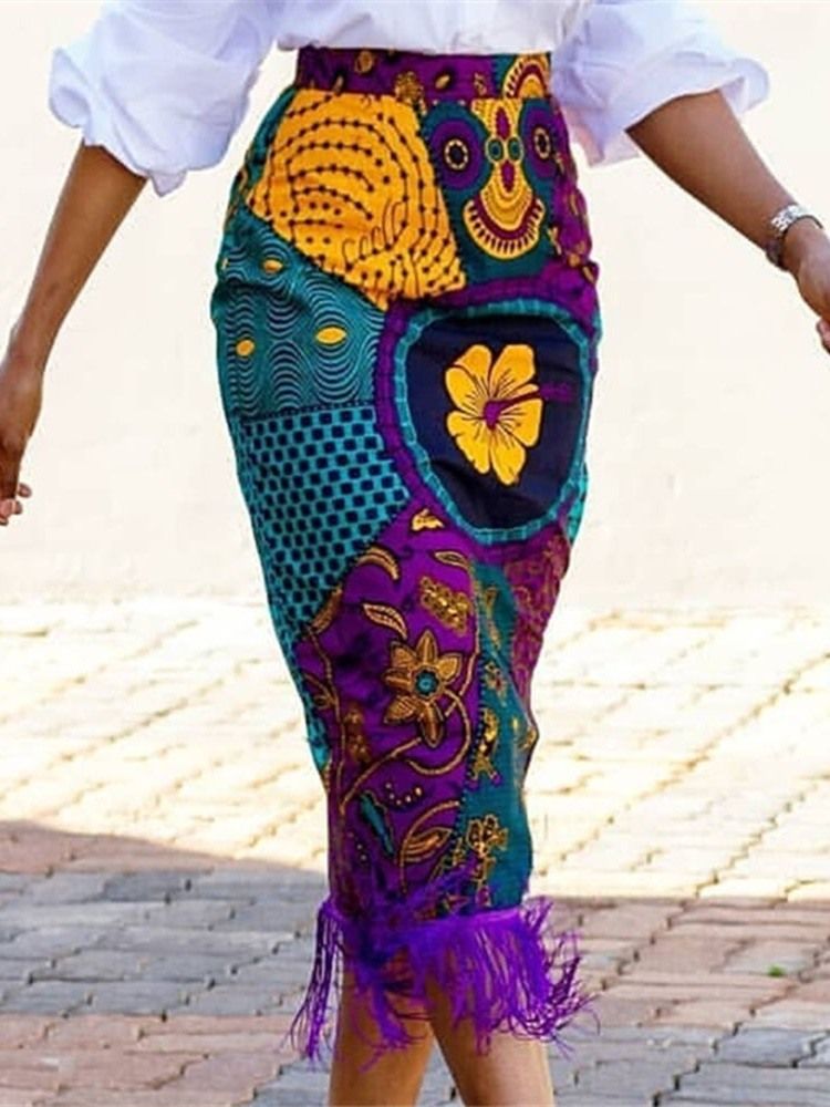 Moda Africana Feminina Estampa Bodycon Color Block Floral Saia