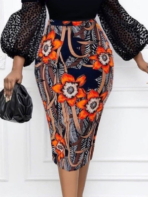 Mulher Com Estampa Mid-panturrilha Bodycon Fashion Saia Floral