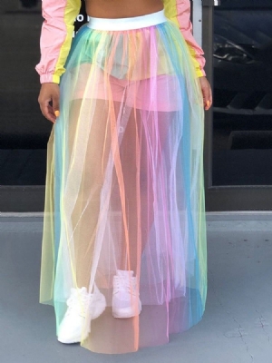 Mulher Em Malha Cor Até O Chão Em Bloco Transparente Saia