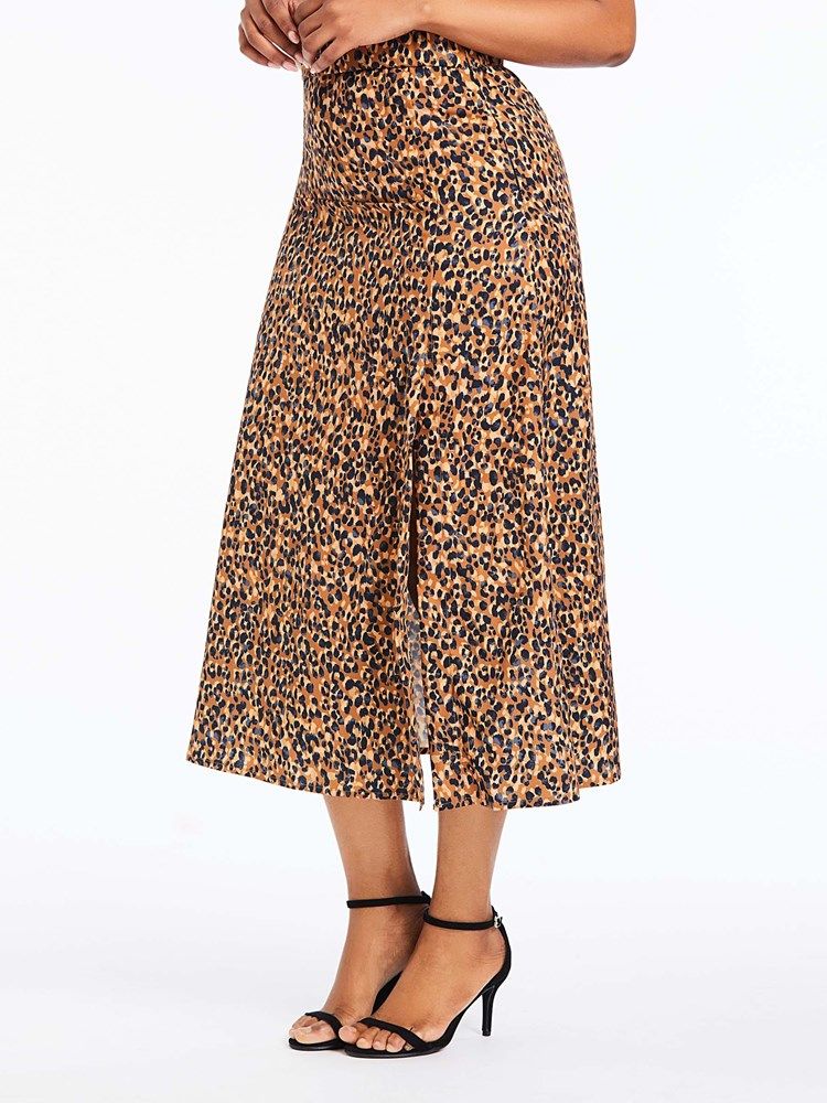 Mulher Saia Leopardo Fenda Meia Panturrilha Feminina