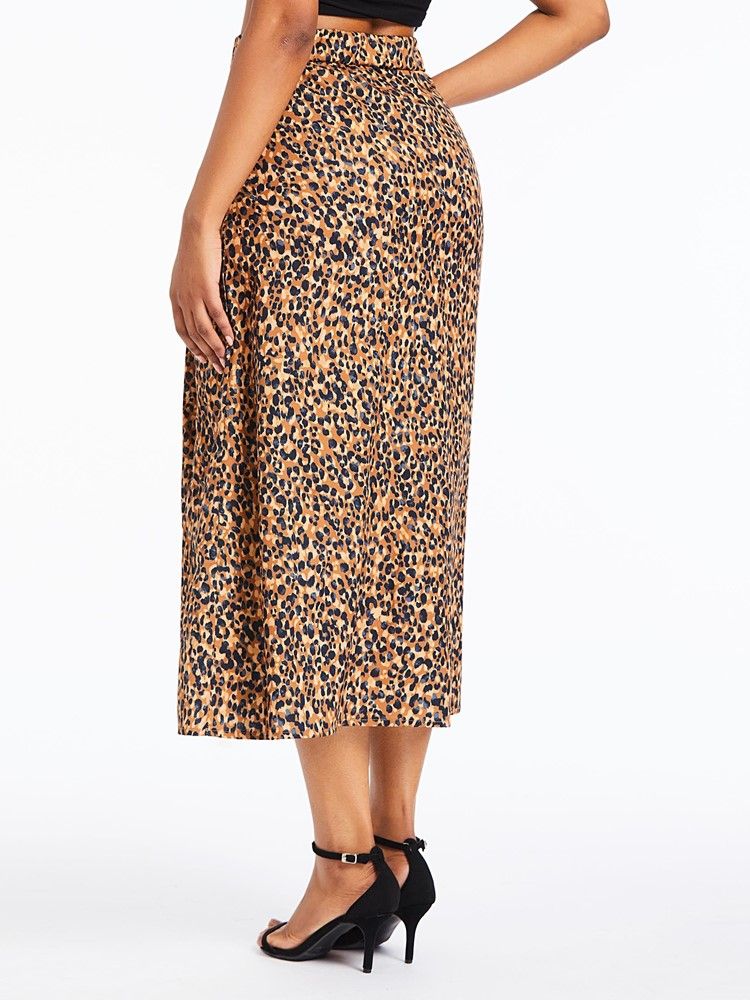 Mulher Saia Leopardo Fenda Meia Panturrilha Feminina