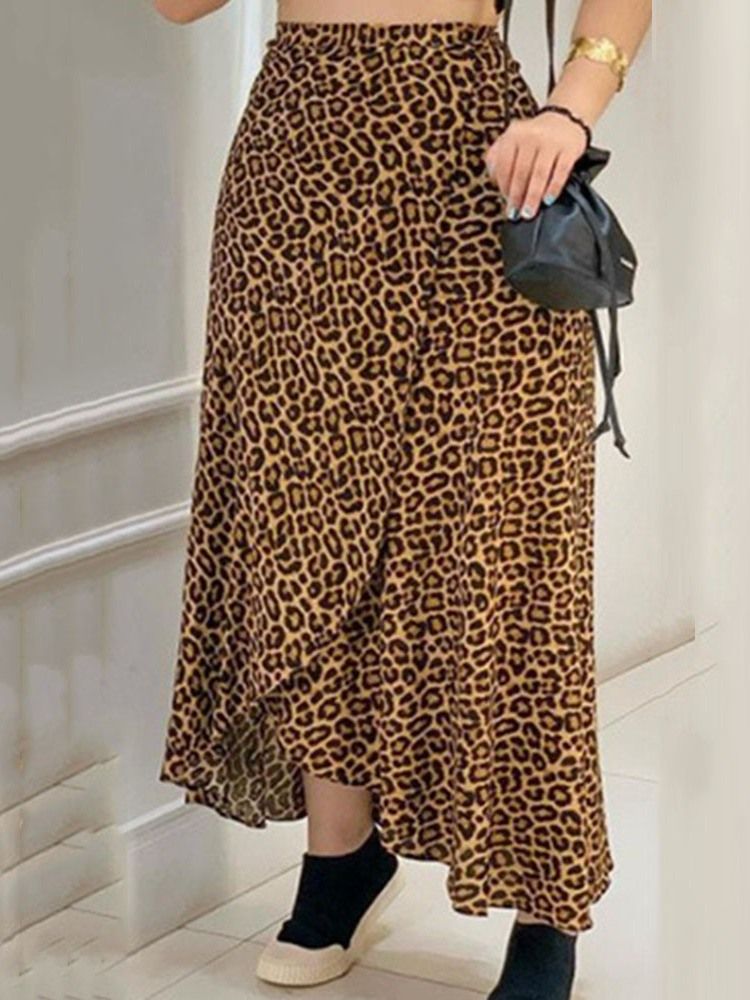 Saia Casual Feminina De Cintura Média Até O Tornozelo Leopardo A-line