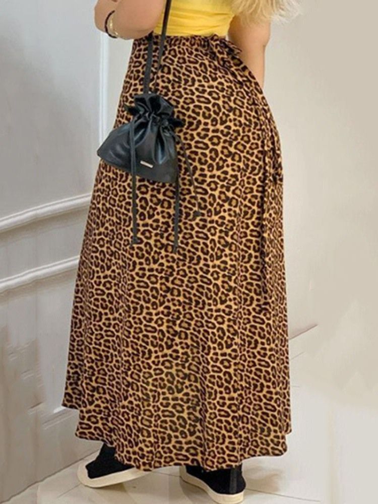 Saia Casual Feminina De Cintura Média Até O Tornozelo Leopardo A-line