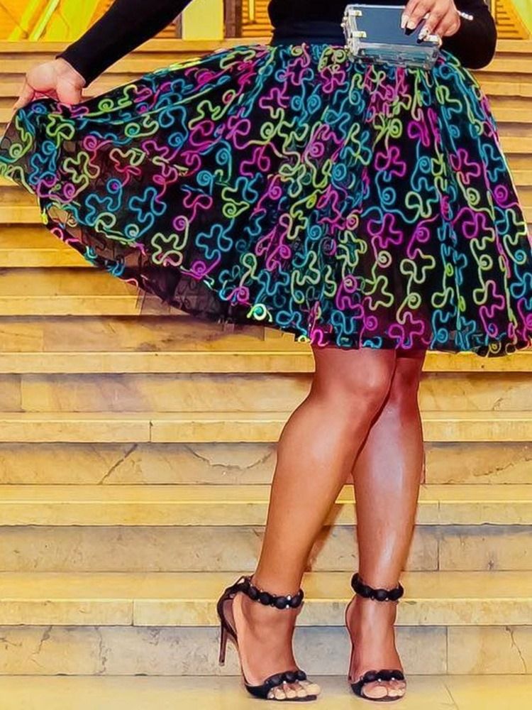 Saia Casual Feminina Na Altura Do Joelho Estampada Em Linha A