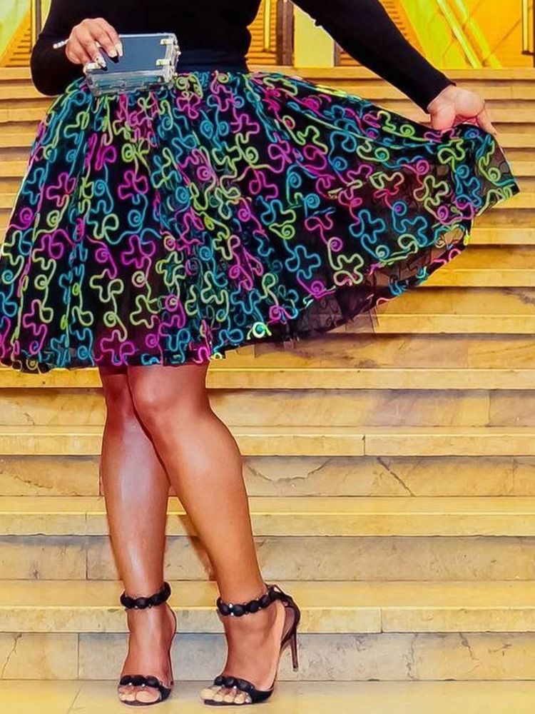 Saia Casual Feminina Na Altura Do Joelho Estampada Em Linha A