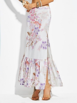 Saia Feminina Com Estampa Floral De Cintura Alta Na Altura Do Tornozelo