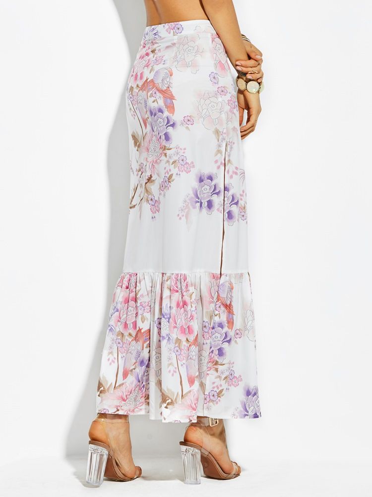 Saia Feminina Com Estampa Floral De Cintura Alta Na Altura Do Tornozelo