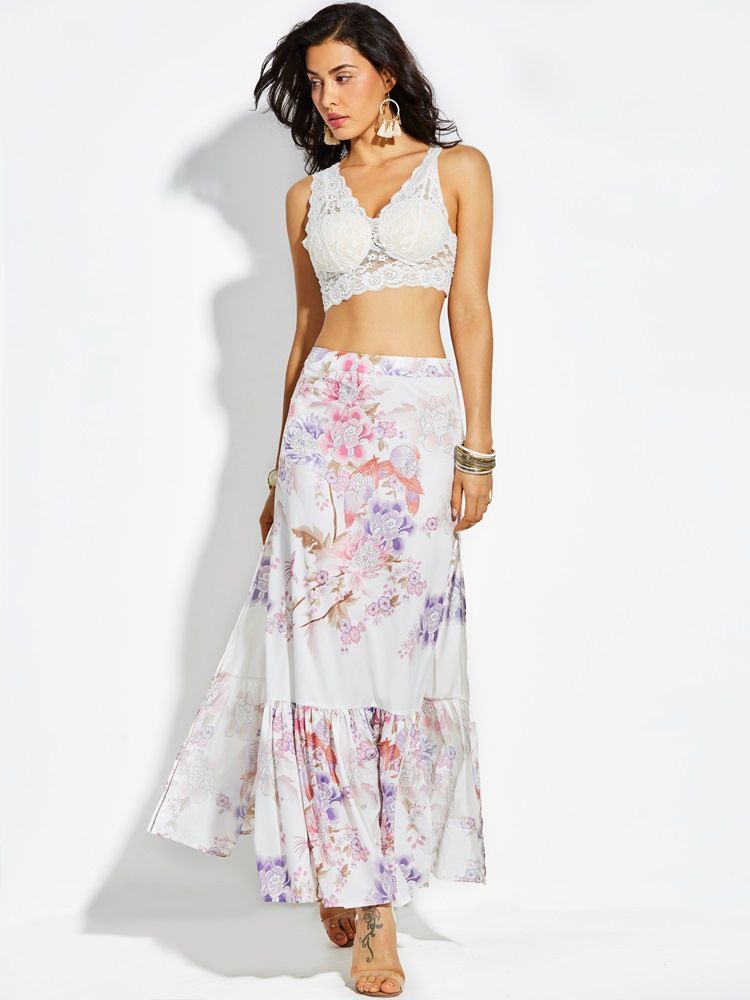 Saia Feminina Com Estampa Floral De Cintura Alta Na Altura Do Tornozelo