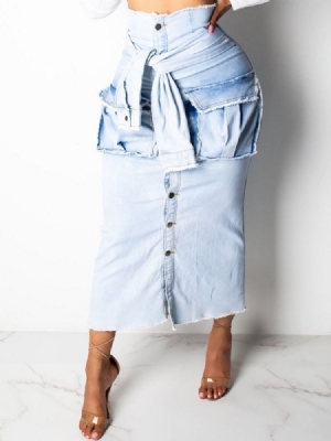 Saia Feminina Simples Botão Jeans Linha A