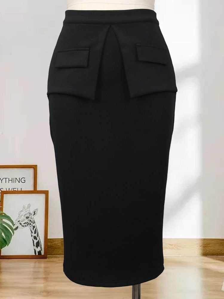 Saia Lápis Feminina Bolso Liso Saia Elegante De Cintura Alta