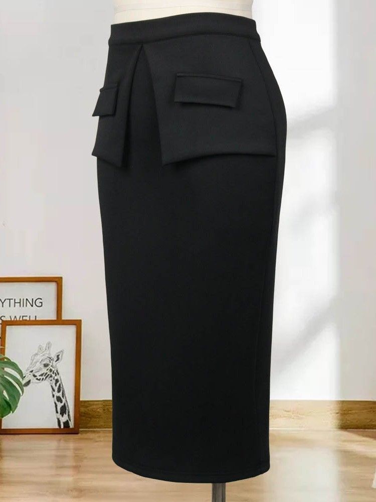 Saia Lápis Feminina Bolso Liso Saia Elegante De Cintura Alta