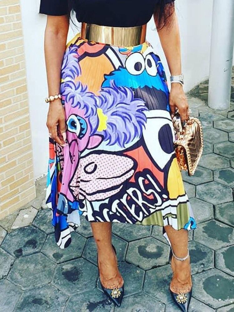 Saia Maxi Feminina Plissada Estampa Cartoon (sem Cinto)