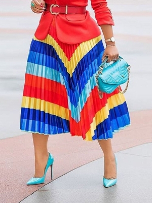 Saia Moda Feminina Color Block Plissada Panturrilha Média