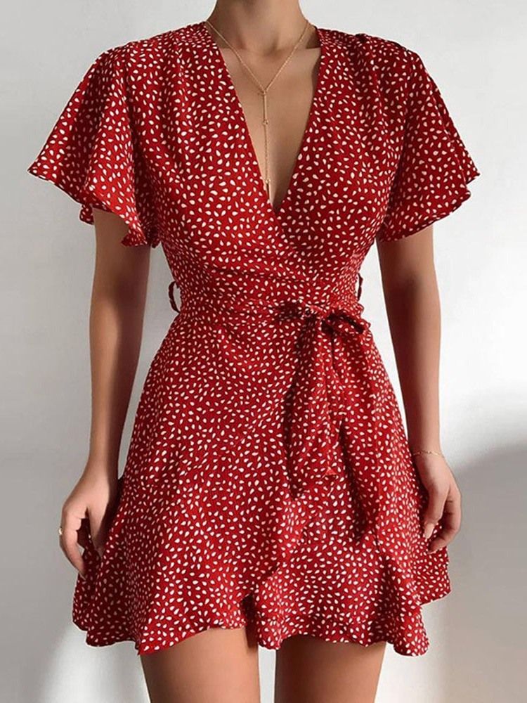 Acima Do Joelho Decote Em V Manga Curta Linha A Cor Bloco Vestido Feminino