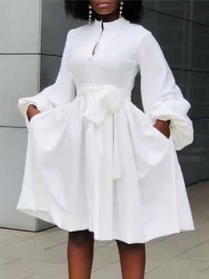 Bolso Na Altura Do Joelho Com Gola Longa Vestido Simples Feminino