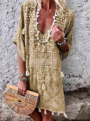 Borla Bohemian Com Decote Em V Meia Manga Vestido Midi Vestidos De Praia Para Mulheres