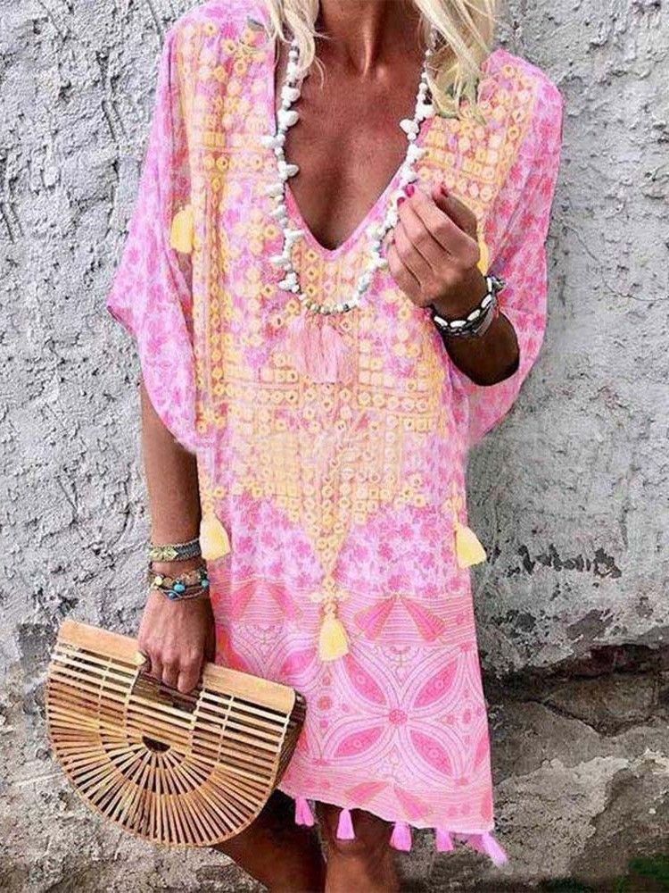 Borla Bohemian Com Decote Em V Meia Manga Vestido Midi Vestidos De Praia Para Mulheres