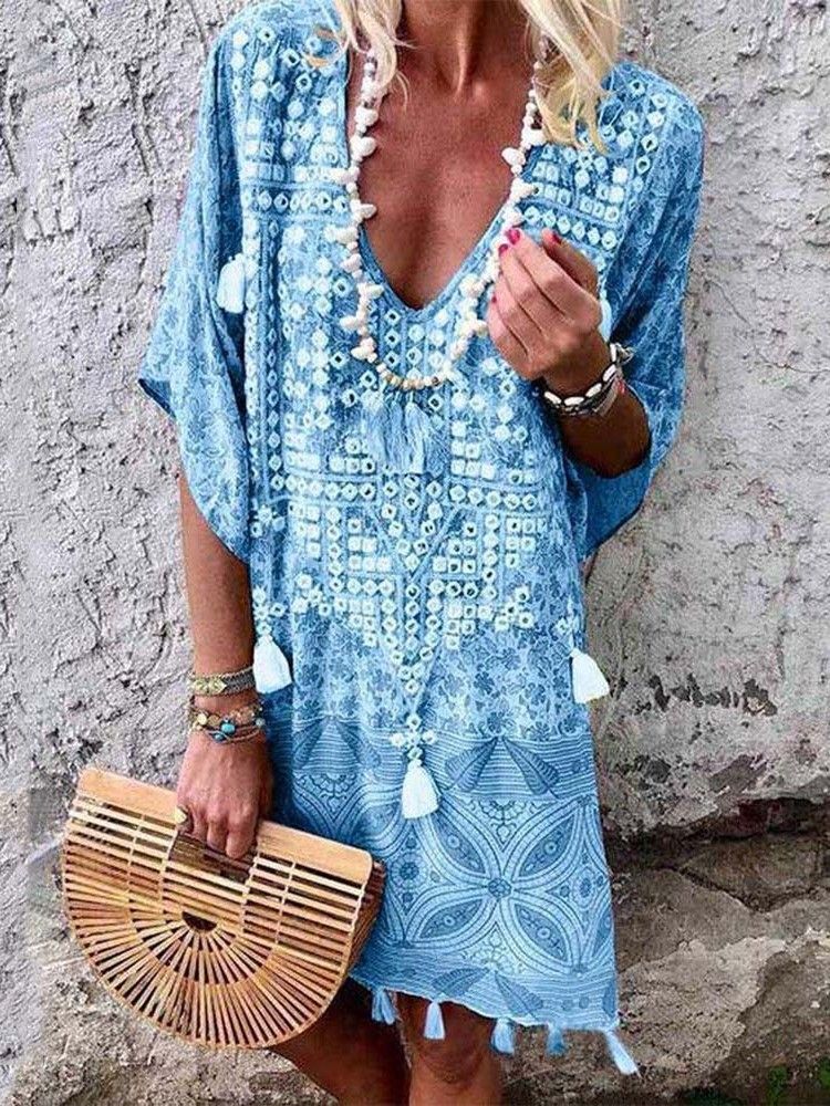 Borla Bohemian Com Decote Em V Meia Manga Vestido Midi Vestidos De Praia Para Mulheres