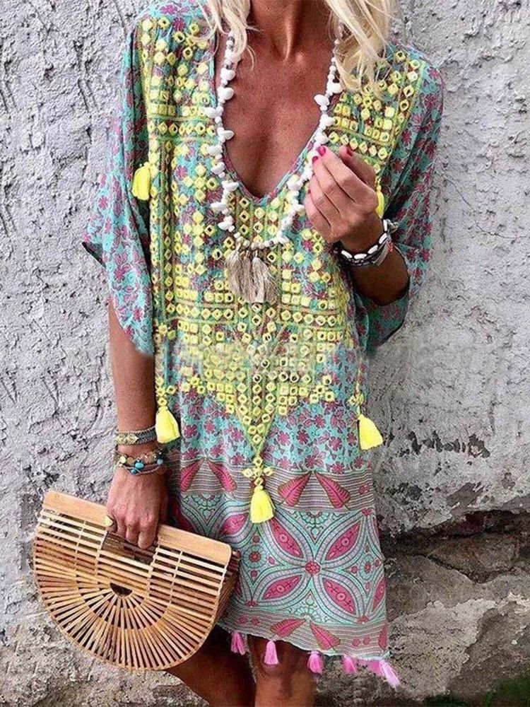 Borla Bohemian Com Decote Em V Meia Manga Vestido Midi Vestidos De Praia Para Mulheres