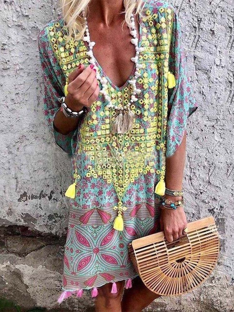 Borla Bohemian Com Decote Em V Meia Manga Vestido Midi Vestidos De Praia Para Mulheres