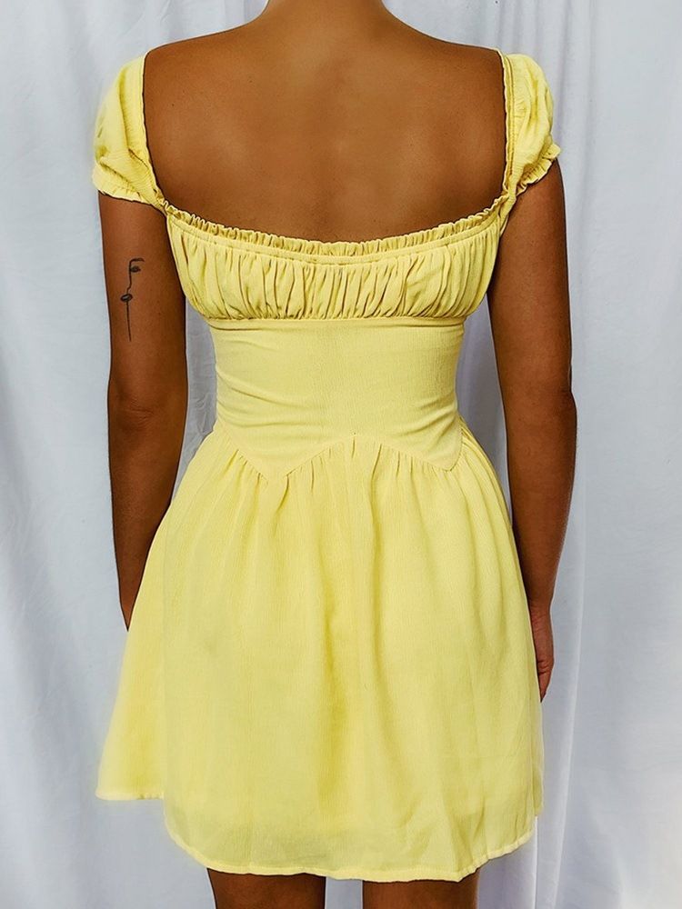 Decote Quadrado Acima Do Joelho Manga Curta Simples Vestido Feminino Doce