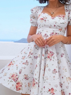 Estampa Acima Do Joelho Manga Curta Doce Cintura Média Vestido Feminino