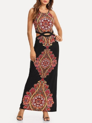 Estampa Vestido Feminino Sem Mangas Na Altura Do Tornozelo
