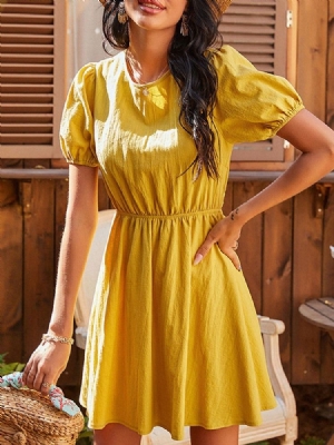 Feminino Acima Do Joelho Patchwork Redondo Decote Vestido Feminino De Cintura Alta