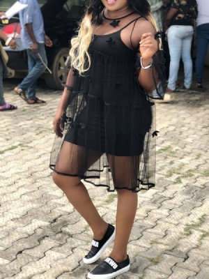 Feminino Gola Redonda Nove Pontos Manga Transparente Vestido Regular Casual