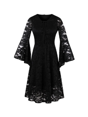 Feminino Lace Holow Flare Sleeve A Line Little Black Dress