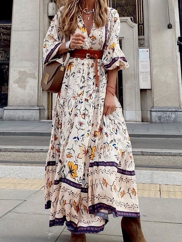 Feminino Vestido Longo Floral Com Estampa De Três Quartos Pulôver De Manga Curta