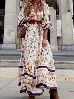 Feminino Vestido Longo Floral Com Estampa De Três Quartos Pulôver De Manga Curta