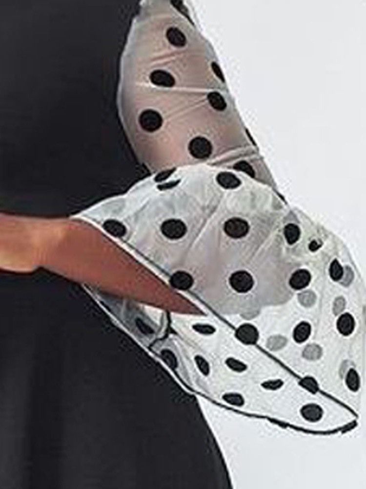 Gola Estande Feminina Transparente Com Manga Nove Pontos Pulôver Polka Dots Vestido Preto Maxi