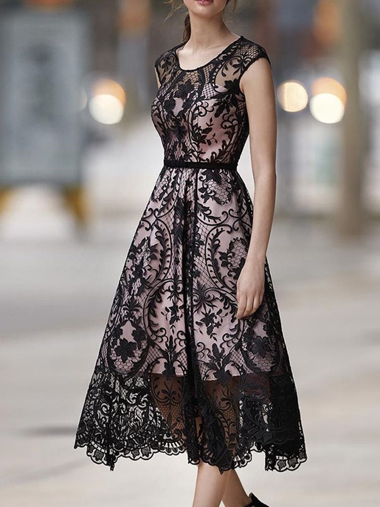 Gola Redonda Canela Média Manga Curta Regular Doce Vestido Feminino