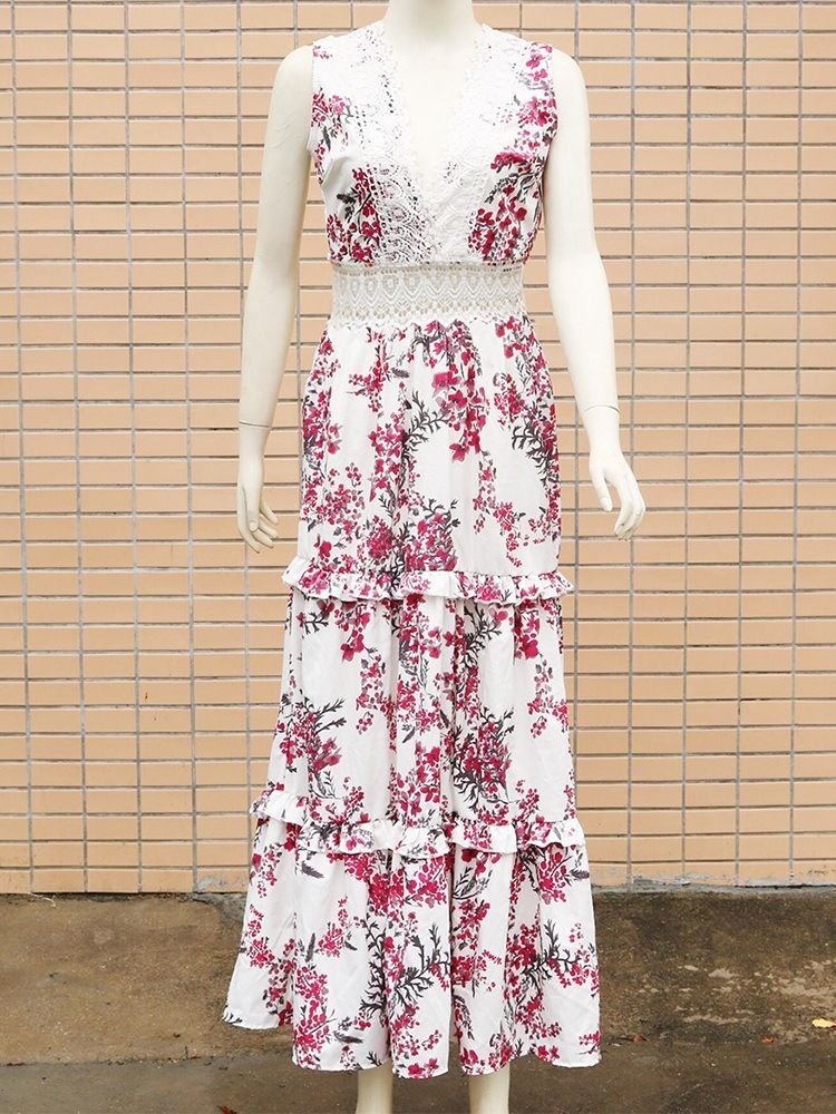 Impressão Sem Mangas Com Decote Em V Vestido Feminino De Pulôver