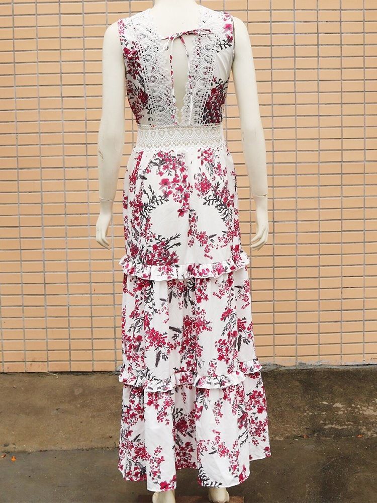Impressão Sem Mangas Com Decote Em V Vestido Feminino De Pulôver