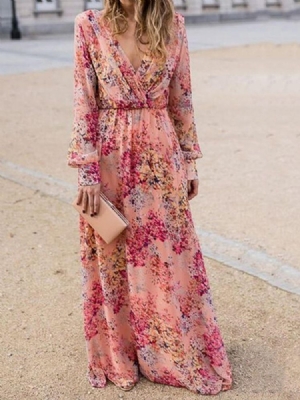 Imprimir Vestidos De Praia Com Decote Em V Até O Chão Vestido Maxi Floral Para Mulheres