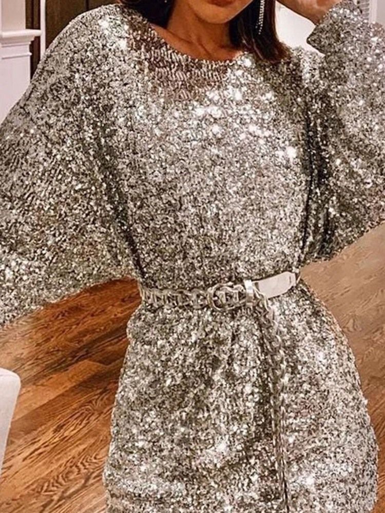 Lantejoulas Femininas De Manga Comprida Acima Do Joelho Vestido Simples