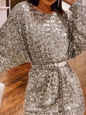 Lantejoulas Femininas De Manga Comprida Acima Do Joelho Vestido Simples