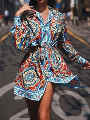 Lapela Feminina Estampada Acima Do Joelho Vestido Casual Regular